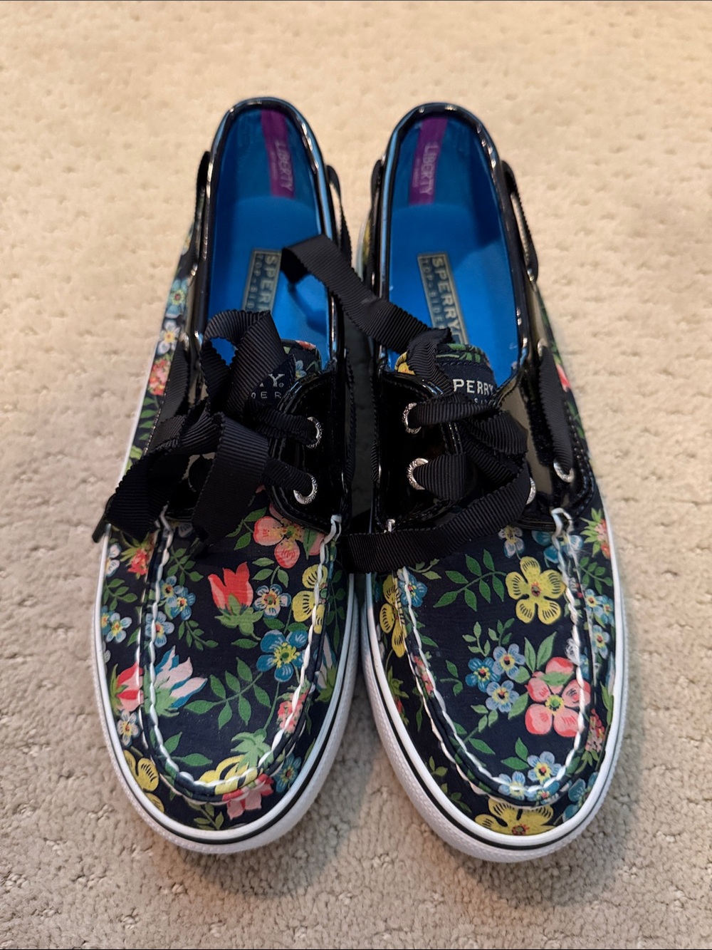 Sperry Navy Floral Canvas Sneakers with Black Ribbon Laces